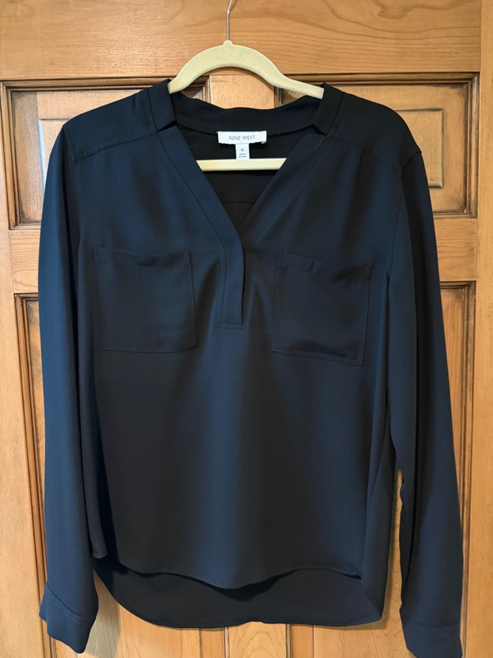 Nine West Black Long-Sleeve V-Neck Blouse with Front Pockets